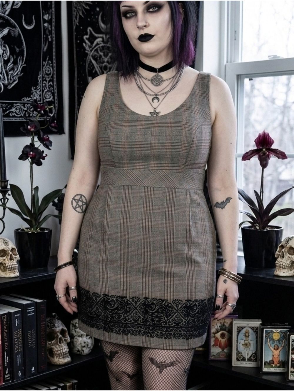 Elementz Women's Dress 2x Babydoll Mini Black White Red Plaid Academia Paisley